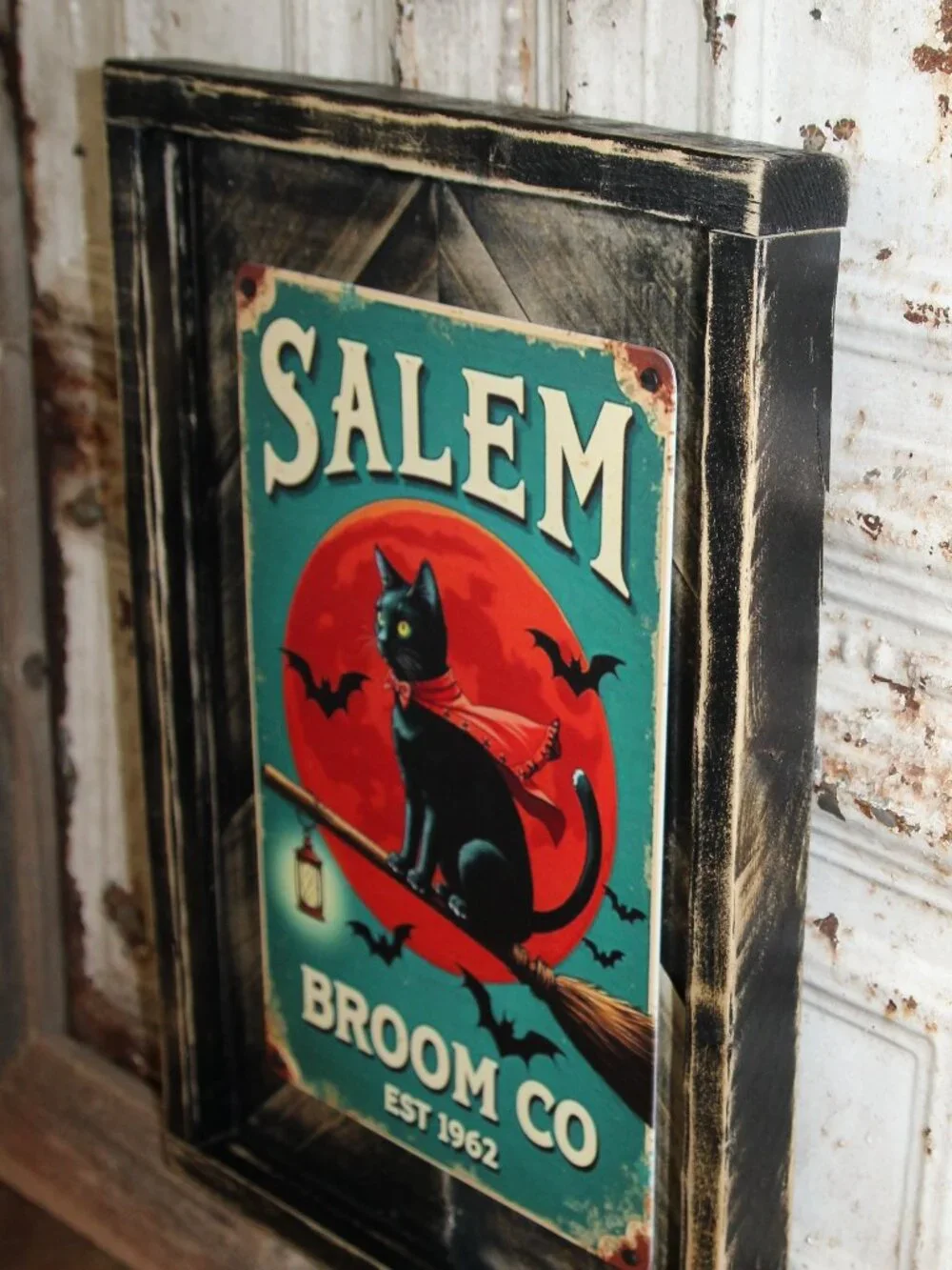 NEW! SALEM BROOM CO Black Cat Farmhouse Halloween Wall Decor Sign